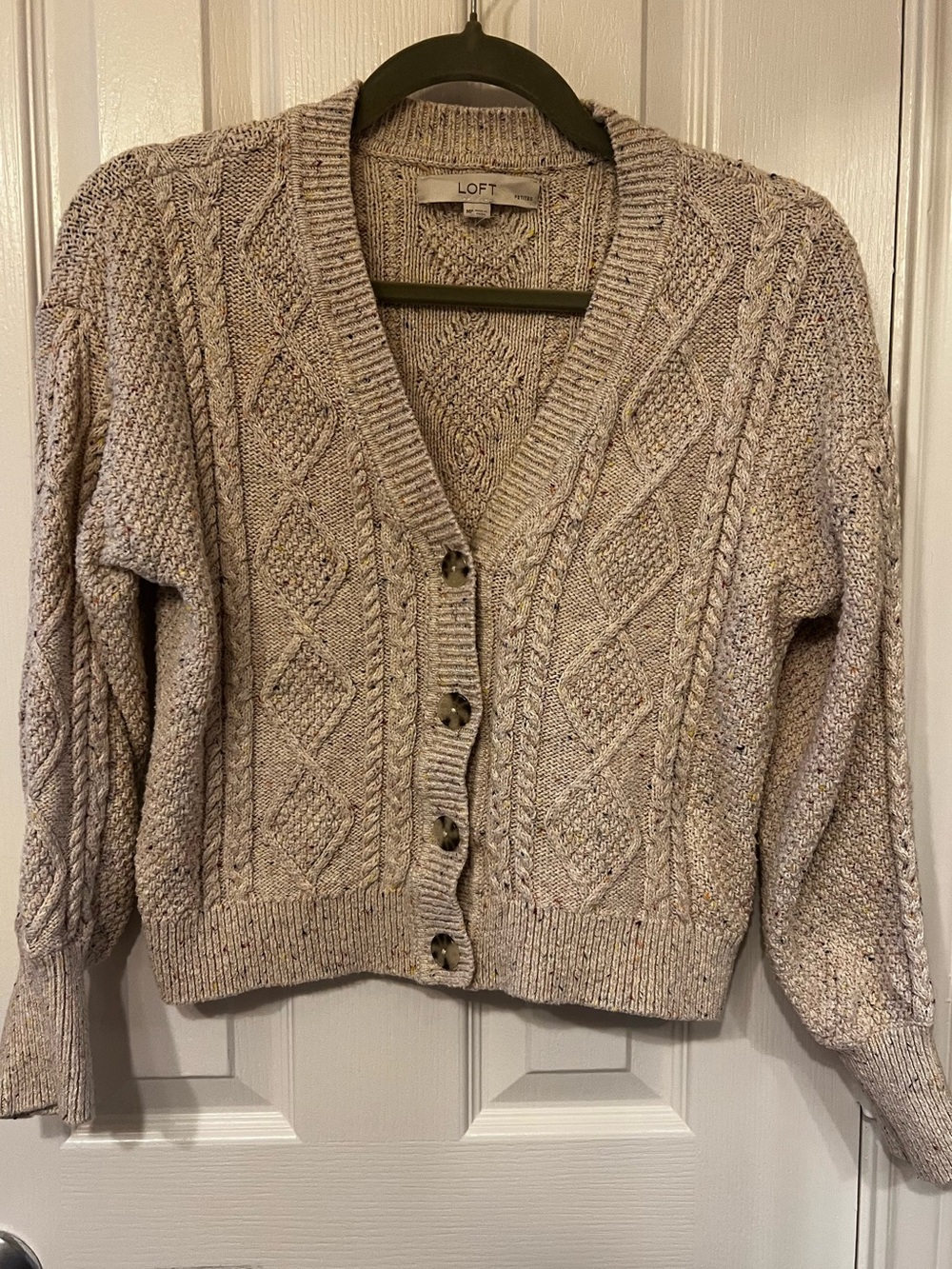 LOFT Cable Knit Speckled Donegal Cardigan V-Neck Sweater, Size MP